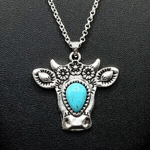 925 Silver Necklace w/ Turquoise Flower Cow Pendant Women Vintage Boho Gift